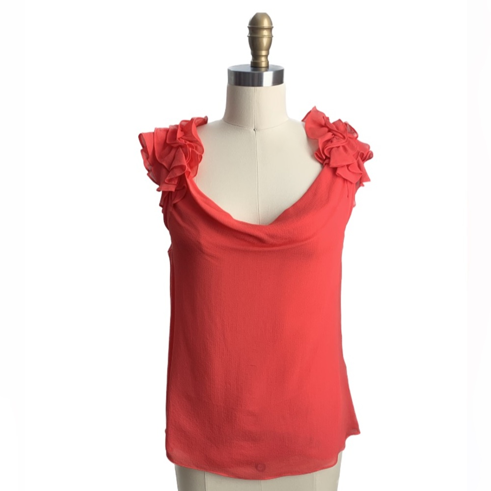 ANTHROPOLOGIE - Leifsdottir • Coral Silk Scoop Sleeveless Ruffled Shoulder Top 2